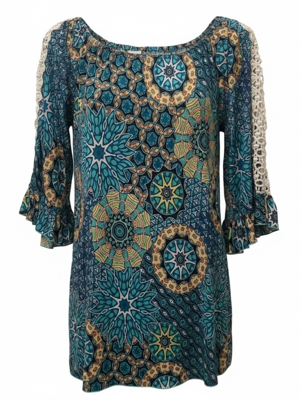 Boho Lace-Trim Medallion Print Top - Teal